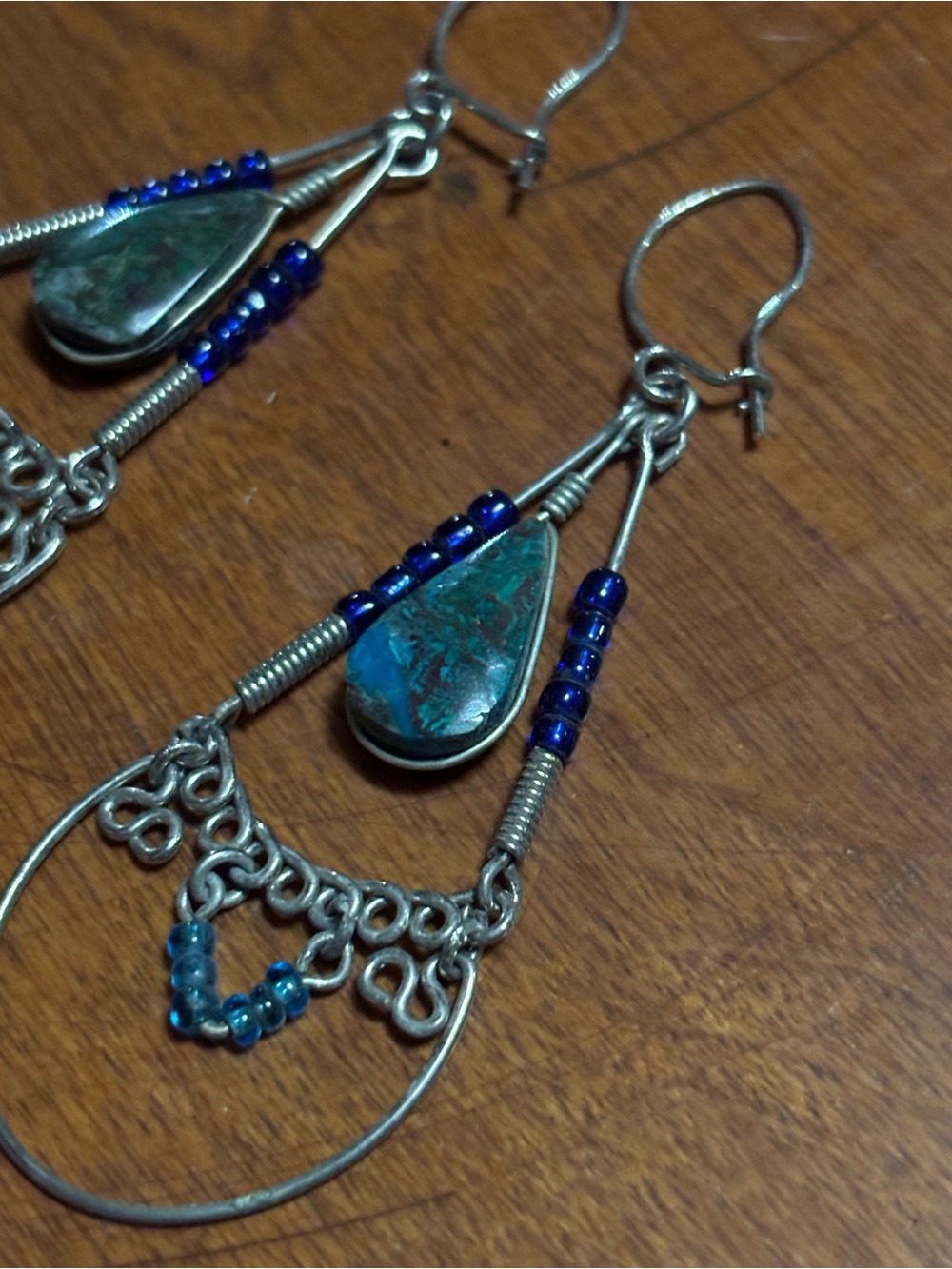 Handmade Bohemian Beaded Dangle Earrings w blue agate and glass beads